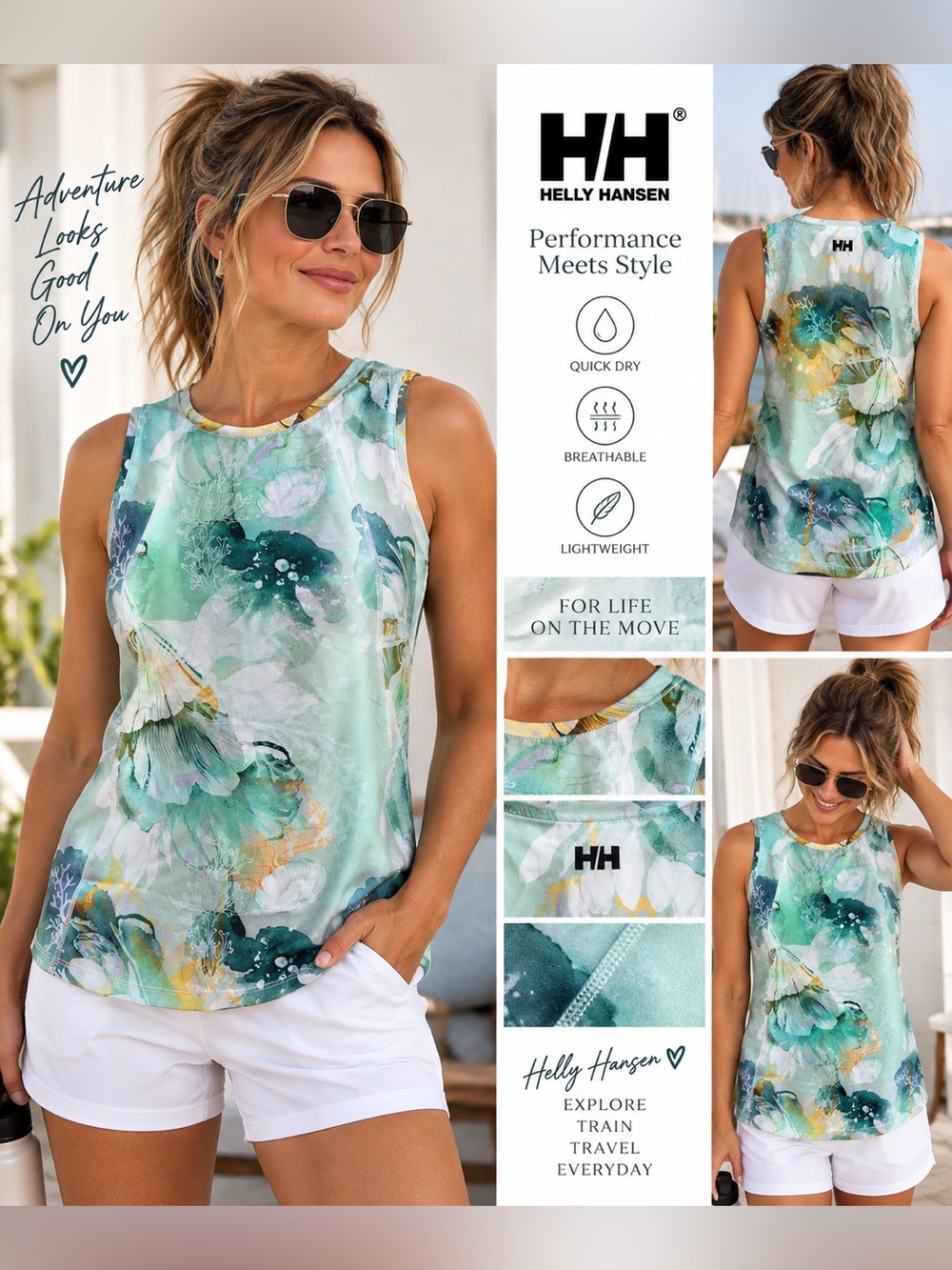 NWT Helly Hansen Women XS Roam Loose Print Tank Jade Floral Athletic Quick Dry